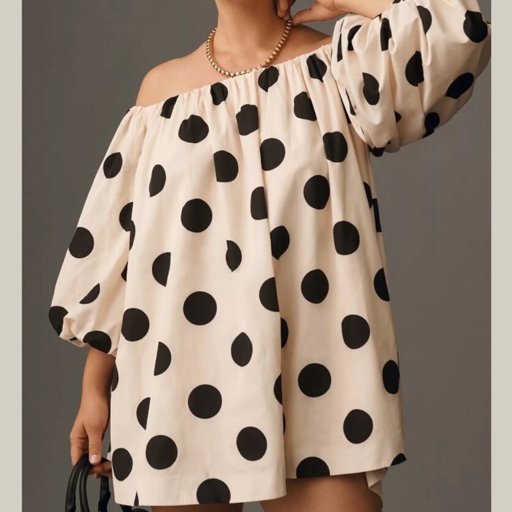 Anthropologie Polka Dot Off-Shoulder Mini Swing Dress